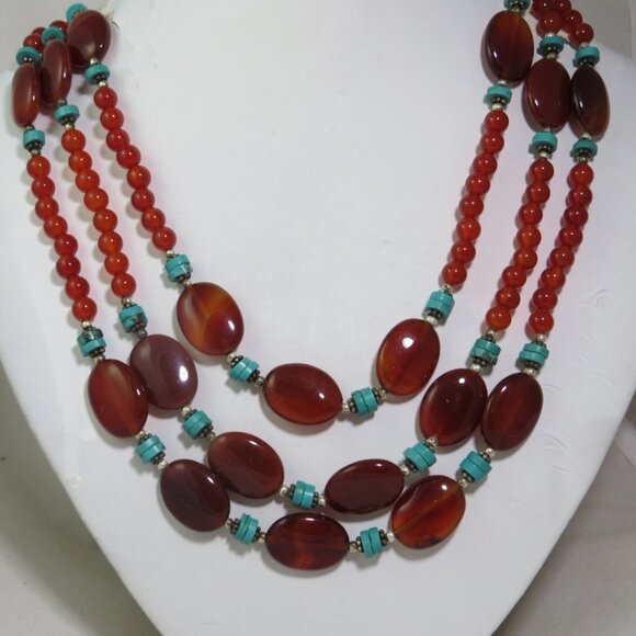 Carnelian Natural Bead Necklace 22 Inches Long Featuring Turquoise beads